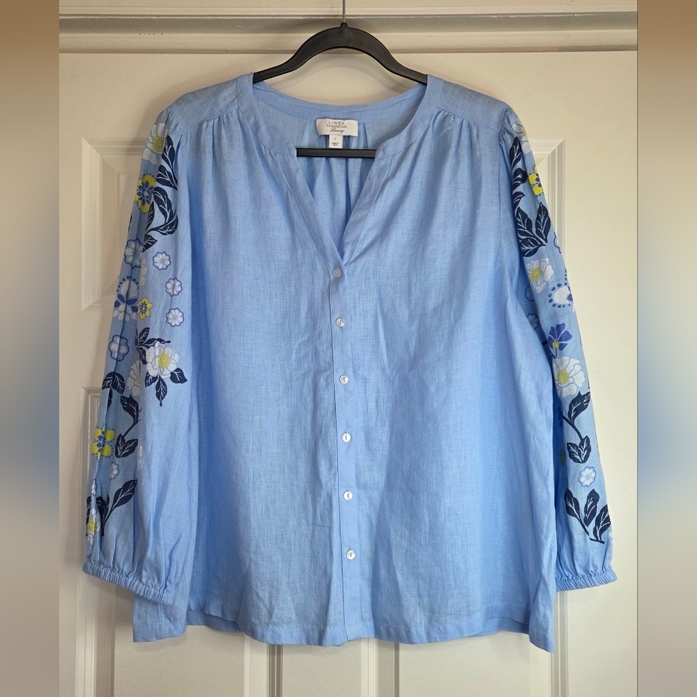 Charter Club Blue Linen Blouse with Floral Printed Sleeves - Size L - Picture 8 of 9